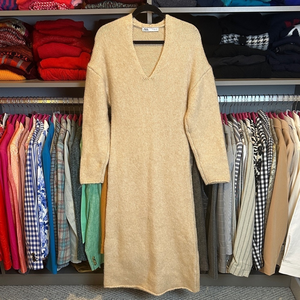 Zara 6% alpaca tan v neck long sleeve midi sweater dress size S